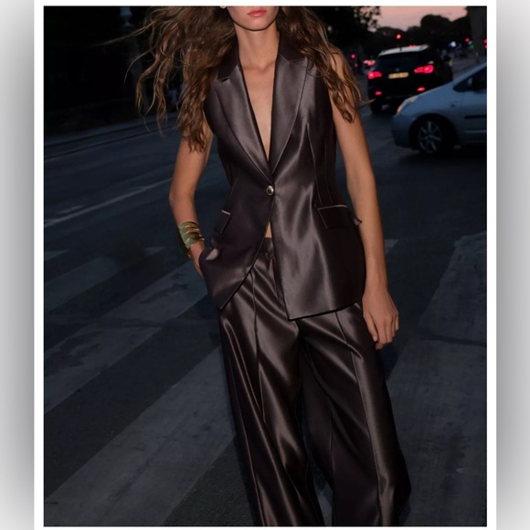 Zara Jackets & Blazers - Zara brown satin vest with gold button